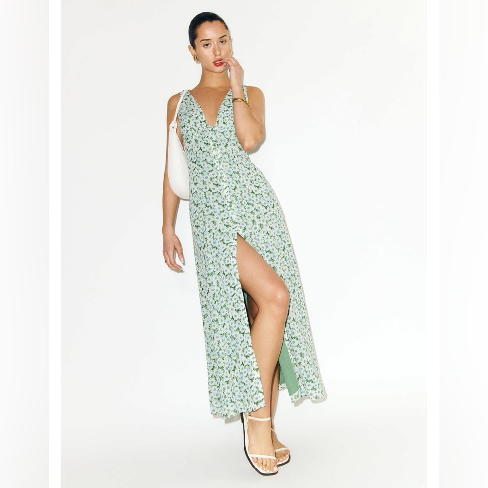 Reformation Coquette Ceara Midi Dress Daisy Meadow Green White Floral V Neck